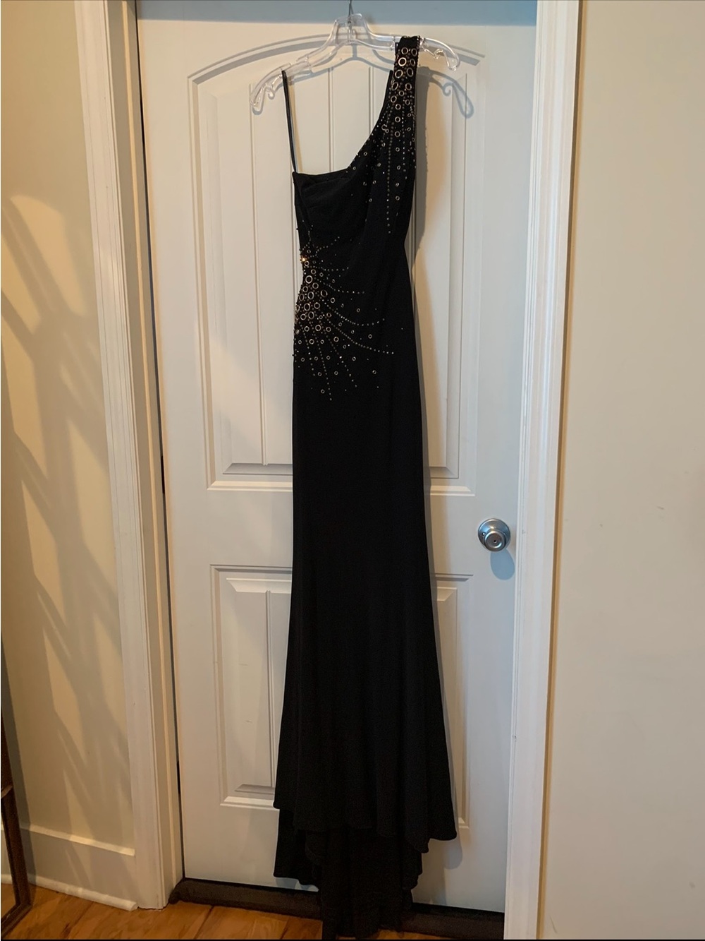 Sherri Hill Black One-Shoulder Evening Gown with Stud Detailing